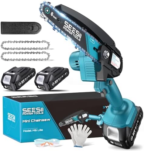 Seesii Mini Chainsaw, 6-inch Mini Chainsaw Cordless, Handheld Electric Power Chain Saw with 2 Batteries, for Tree Trimming Wood Cutting, Best Gifts for Father, Dad, Husband, Men