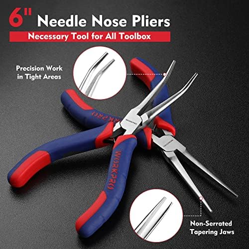 WORKPRO 2-Piece 6" Mini Needle Nose Pliers Set(Smooth Jaw), Long Nose Pliers, Bent Nose Pliers with Comfort Grip Handles, Jewelry Plier For Wire Wrapping, Handmade Craft, Jewelry Making, 6" 2PCS