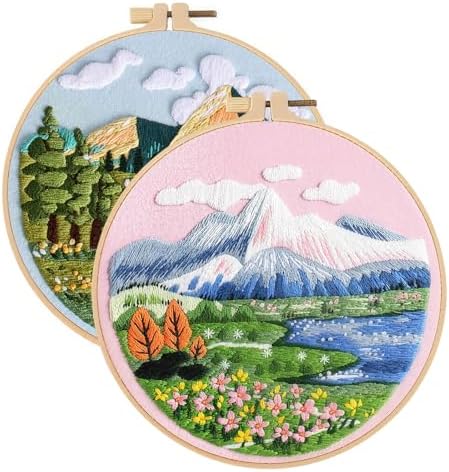 spicssa 2PCS Embroidery Kit for Beginners, Hand Needlepoint Kits for Adults with Pre-Stamped Patterns, 7.8-Inch Hoop, Threads & Needles, Step by Step Instructions