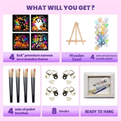 SUJINMEI 4 Pack Halloween Paint by Numbers Kit for Kids with Frame 8x8 inch