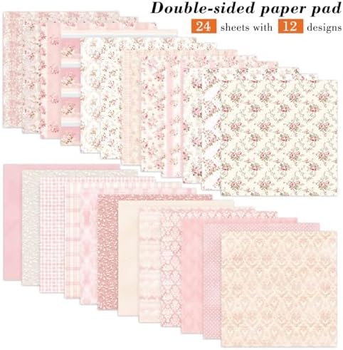 6 Inch Pink Flowers Scrapbooking Paper Pad - 24 Sheets Double Sided Aesthetic Patterns for Wedding Photos Album Journals Decorative Collage Origami DIY Crafts Gifts Wrapping Material
