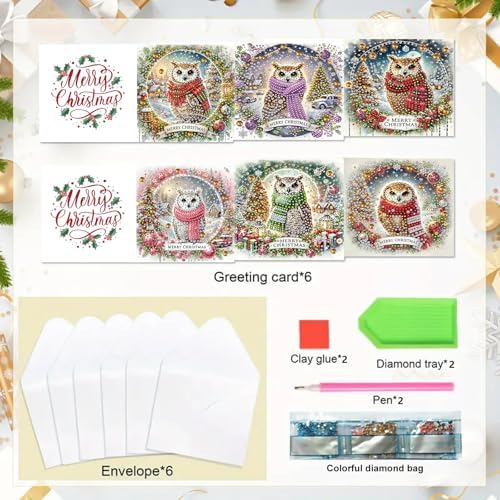 6Pcs Christmas Greeting Card DIY Diamond Art Painting Greeting Cards Blessing Folding Card Kit with White Envelopes Diamond Arts Crafts for Birthday Festival Gift-Owl