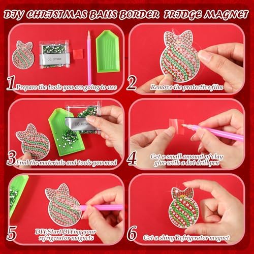 Motipuns 30 Pcs Diamond Magnets,Christmas Ball,Red Green