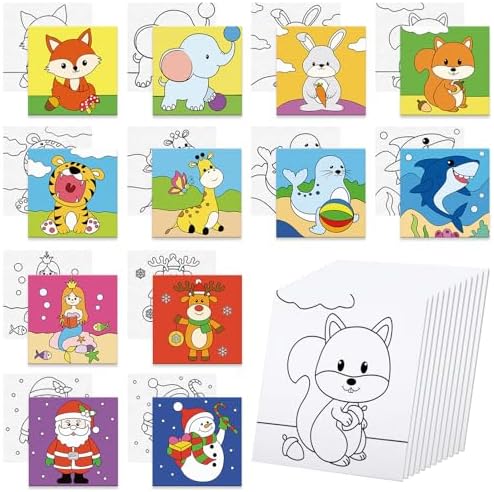 Anseal 12 Packs Pre Drawn Canvas to Paint, 4" X 4" Animal Pre-Printed Canvas Paint Party, Stretched Outline Painting Boards for Beginners, Party Favor