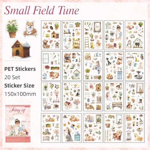 Pastoral Series Sticker Scrapbooking Supplies for Junk Journal, 20 Sheets PET Stickers