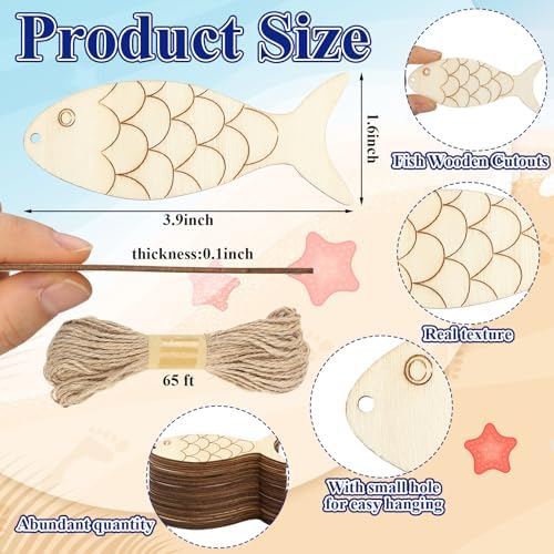 Gerrii 72 Pieces Blank Wood Fish Cutouts Hanging Ornaments for DIY Crafts