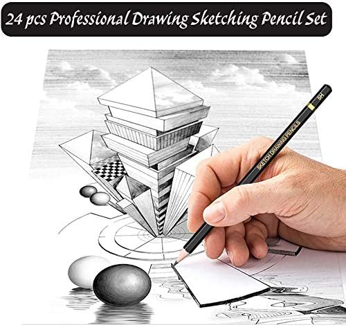 Sketching Pencil Set - 24 Pieces Drawing Sketch Pencil HB,B,2B,3B,4B,5B,6B,7B,8B,10B,12B,14B,H,2H,3H,4H,5H,6H,7H, Includes Charcoal, Eraser, Graphite Pencils for Beginners & Pro Artists
