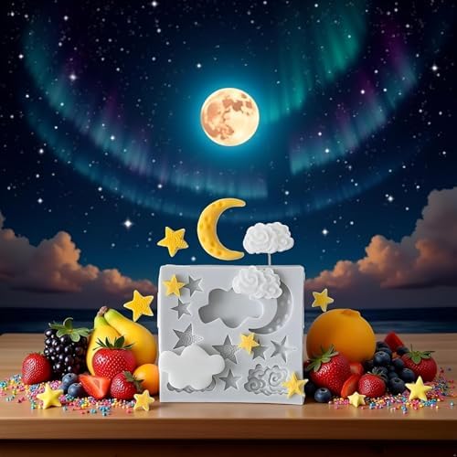 2 Pieces Moon and Stars Silicone Mold for Chocolate, Candy Chocolate Fondant Polymer Clay Molds for Cake Decorating, DIY Baking, Cupcake, Cookie, Soap and Candle Making Supplies