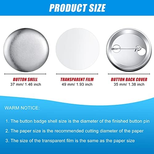 300 Pieces Blank Button Making Supplies Round Badge Parts Metal Pin Badge Kit for Button Maker Machine, Including Metal Shells Back Cover and Clear Film(1.46 Inch,Silver)