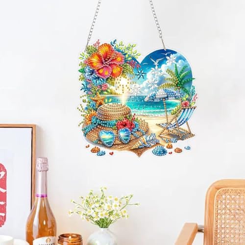 ARPADAMO Hanging Diamonds Art kit for Adult,DIY Summer Beach Pendant Diamonds Painting Art Kit, 7.2x7 inch Acrylic Diamonds Painting Board Kit Ornament, Special Crystal Diamond Hanging Ornament