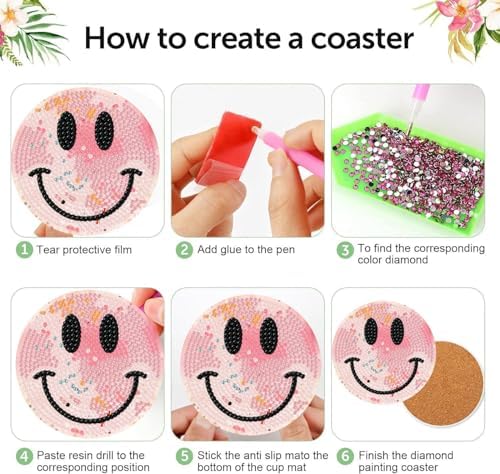 8 Pcs Smile Face Diamond Art Coasters Kit for Adults with Holder 4x4in