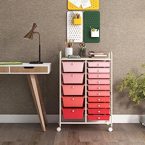 GOFLAME 15-Drawer Rolling Storage Cart, Craft Storage Cart with Removable Drawers & Lockable Wheels, Art Cart Supply Storage Organizer for Home Office Classroom, Pink Gradient