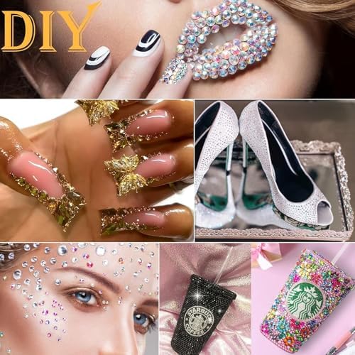 Canvalite 3348Pcs Gold Rhinestones Flatback Gems, Nail Rhinestones Nail Art Gems with Jewelry Glues, Pick Up Tweezers and Rhinestone Picker Dotting Pen, Nail Art Tools for Nails, Clothes, Face, Craft