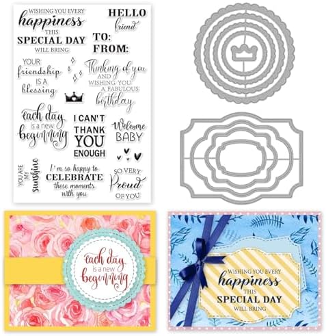 INFUNLY Word Stamp and Die for Card Making Label Rectangle Die Cuts Round Frame Metal Cutting Dies Inspirational Quotes Transparent Rubber Stamps for DIY Scrapbooking Paper Photo Album Decor