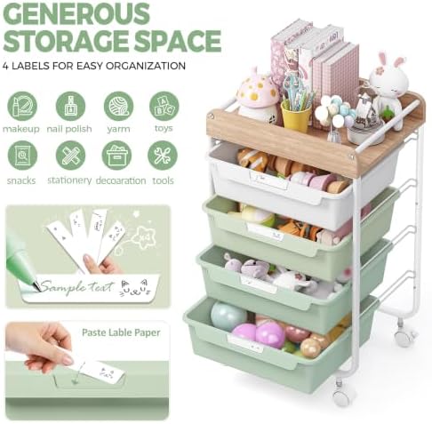 SYKIARIOL Rolling Storage Utility Cart with 4 Drawers,Art Cart,Green