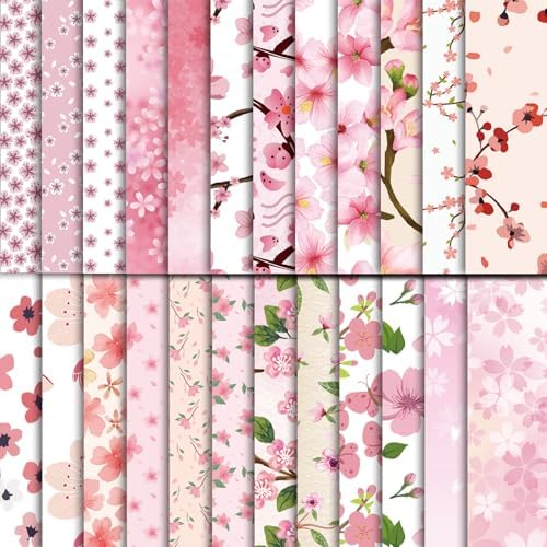 48 Sheets Cherry Blossom Scrapbook Paper,Cherry Blossom Pattern Decorative Scrapbook Paper for Journals DIY Cards and Photo Albums,Aesthetic Craft Supplies