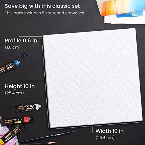 ARTEZA Square Stretched Canvas for Painting, 10 x 10 in, Pack of 8, Pre-Primed White Canvases for Acrylic, Oil, Gouache, Tempera, and Pouring Art | 100% Cotton Surface, 0.6 in Profile, Pinewood Bars, Acrylic Titanium Gesso, For Oil, Acrylic, Gouache an...