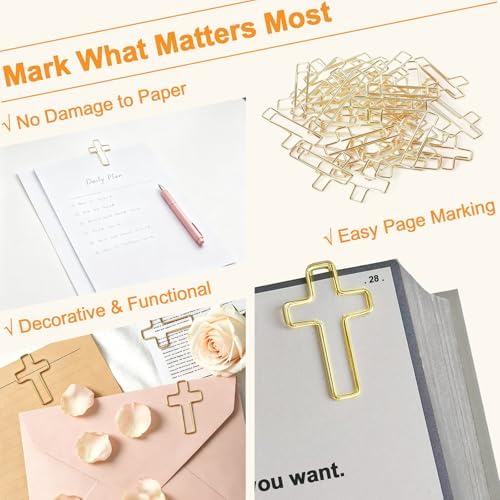 80 PCS Cross Paper Clips - Gold Decorative Paper Clips Bookmarks for Bible Study, Cute Metal Paperclips for Journaling Planner Office School Supplies