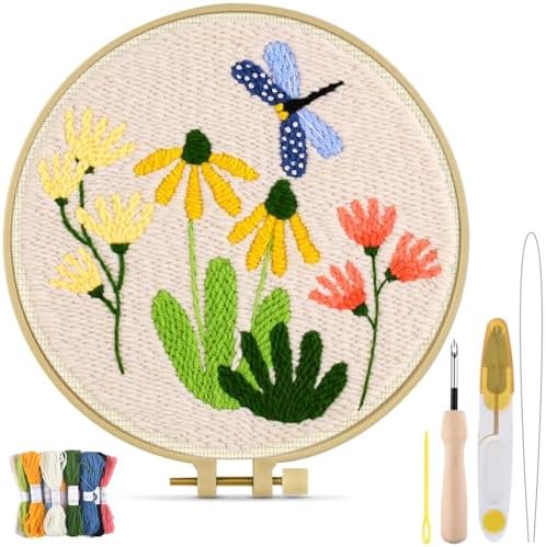 TINDTOP Punch Needle Kits, DIY Punch Embroidery Kits for Adults Beginner, Tool with Punch Needle Fabric, Hoops, Yarns and Sewing Needles (Set B)