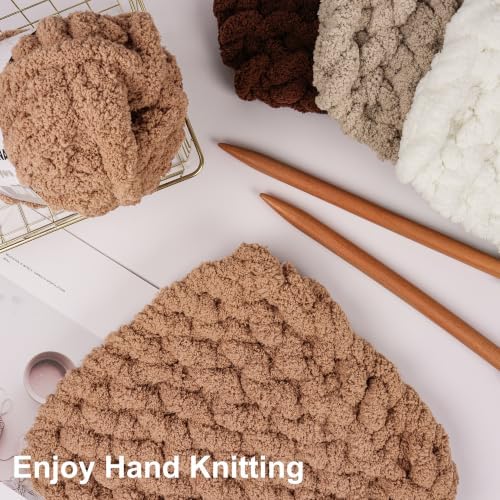 Chunky Yarn for Hand Knitting, #10 Chunky Blanket Chenille Yarn, Large Bulky Thick Jumbo Yarn, Super Chunky Knit Yarn for Crocheting, 8 Skein (8 oz 22 yds Each Skein), White & Multi Coffee
