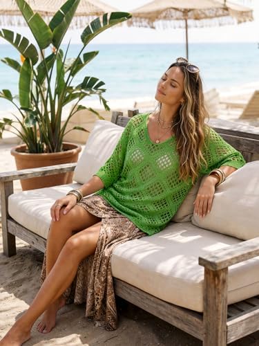 Womens Crochet Top Summer 3/4 Sleeve Cover Up V Neck Boho Tops