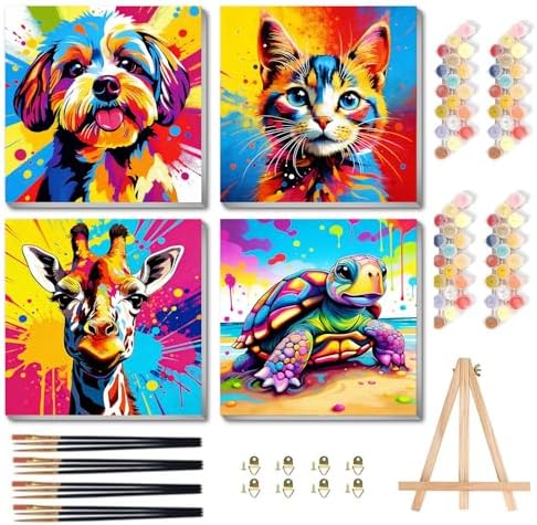 bleihum 4 Pack Paint by Numbers Kit for Kids with Frame Wooden Easel | Easy Paint by Number Kids Animals, Diy Acrylic Oil Colorful Painting by Numbers for Teen Boys Girls Home Decor 8x8Inch
