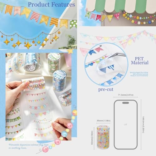 PET Tape Stickers for Scrapbooking Supplies,Flags Journal Stickers for Deco