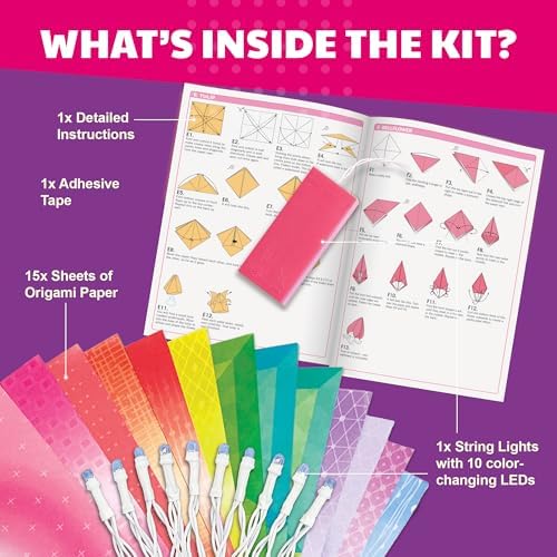 4M KidzMaker Origami Flower Lights Kit for Kids Ages 8-12 – DIY Paper Flower Craft with 10 Color-Changing LEDs, 15 Sheets, Room Decor, STEM Art & Craft Gift