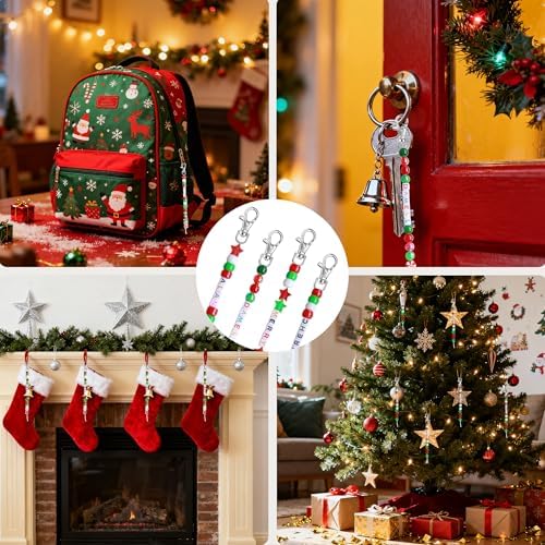 Tuhangcc 823 Pcs DIY Keychain Making Kit，Adjustable Letter Alphabet Beads Strings,Keychain Christmas Colors Pony Beads, 16 Charm Cards with Lobster Clasps & Strings for Christmas Favors
