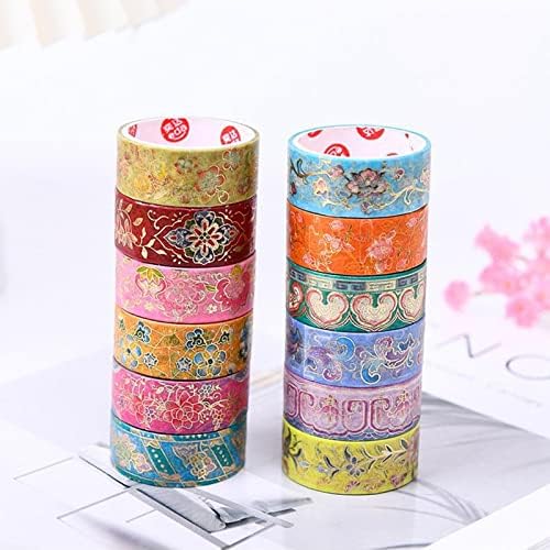 12 Rolls Vintage Washi Tape Set, Gold Foil Decorative Masking Tape for Scrapbooking, Journal, Planner, DIY Crafts, Gift Wrapping