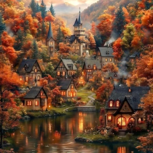 ARPADAMO Autumn Lake Town Diamond Art Kit for Adult Diamond Painting14x14in