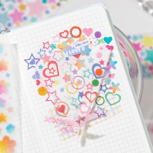Colorful Gradient Heart Circle Flower Star PET Tape Stickers For Journaling Pre Cut Hearts Circles Stars Flowers PET Washi Tape Set Junk Journal Decorative Floral Circular Stickers Scrapbook Supplies