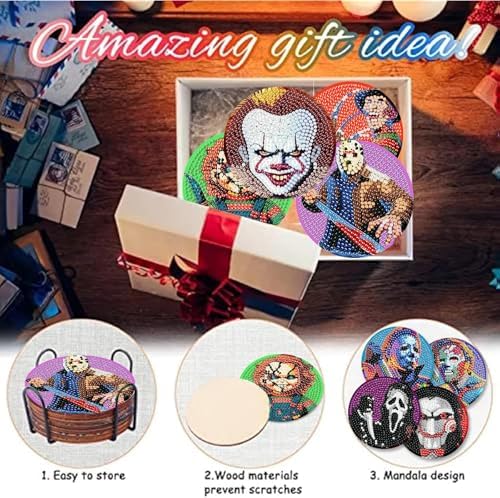 8 Pcs Horror Diamond Art Coasters Kits, Diamond Painting Coasters Kits ﻿ ﻿
