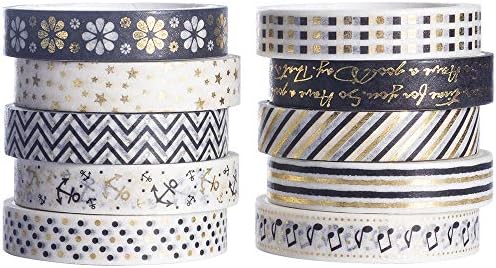 YUBBAEX 10 Rolls Sparkling Washi Tape Set 8mm Skinny Gold Foil Decorative Masking Washi Tapes for Journal,Scrapbook, Planner, DIY Crafts (Black & White)