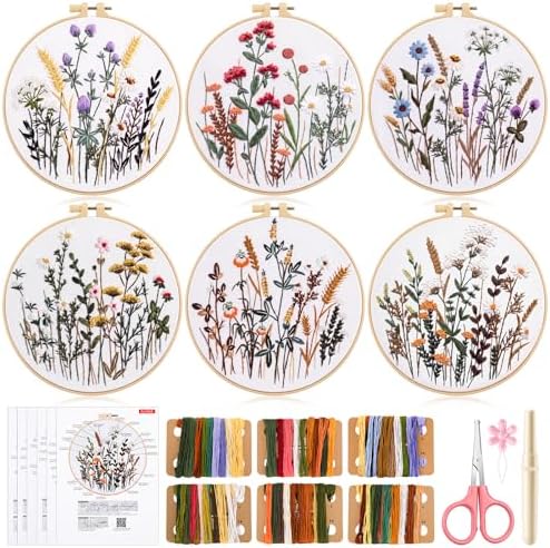 Hokoad 6 Pack Embroidery Kit for Beginners Flower Cross Stitch Kits for Adults Complete Embroidery Starter Kit with Hoop Floral Stamped Pattern Needles Threads Instructions, Gift for Hand Craft Lover