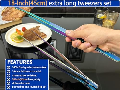 JETKONG 2 Pcs 18 Inch (45cm) Stainless Steel Grill Tongs Heavy Duty Giant Tweezer Tongs, Extra Large Tweezers Tools for Cooking, Grilling, BBQ and Turning Food (Rainbow)