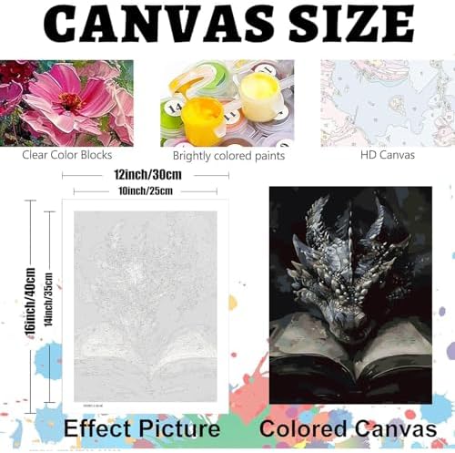 GOUOYANA 3P Dragon and Book Paint By Numbers Kit for Adults Acrylic Canvas | Adult Paint by Number Kits Acrylict Canvas for Painting DIY Dragon And Book Paint by Numbers for Home Wall Art Gift 12X16in