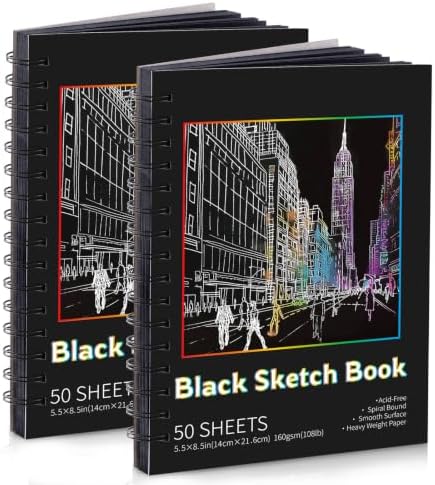 2 Pack Black Paper Sketchbook, 5.5 × 8.5 in, 100 Sheets, Spiral Bound