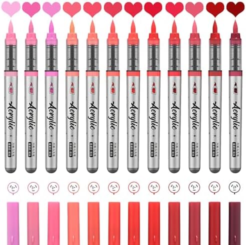 Red Acrylic Paint Pens,12 Color Paint Pen Markers,Brush Tip Paint Pens for Rock Painting Wood Glass Ceramic Canvas Stone DIY Crafts Making Art Supplies