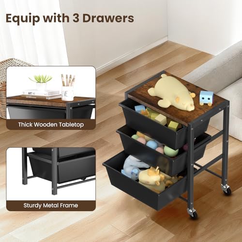 Rolling Cart with 3 Drawers, Plastic Drawer Storage Carts with Lockable Wheels & Wooden Tabletop, Metal Utility Cart Organizer, Office Bedroom Classroom Craft Organization and Storage, Dark Black