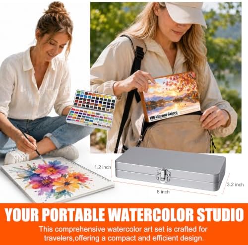 100 Colors Watercolor Paint Set – All in One Painting Supplies with Mixing Palette & Water Brushes – Travel Water Color Set for Adults, Painting Sets, Art Supplies for Painting – Art and Painting Supplies - Gift Idea