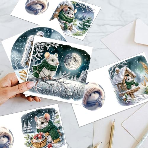 antor 6 Pack Christmas Diamond Art Cards with Envelopes, DIY Special Shaped Rhinestone Diamond Painting Greeting Card Kit, Winter Mouse Design for Adults Holiday Craft