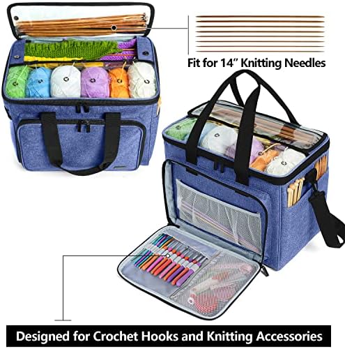 Teamoy Knitting Bag, Yarn Storage Organizer Crochet Bag Tote, Dark Blue