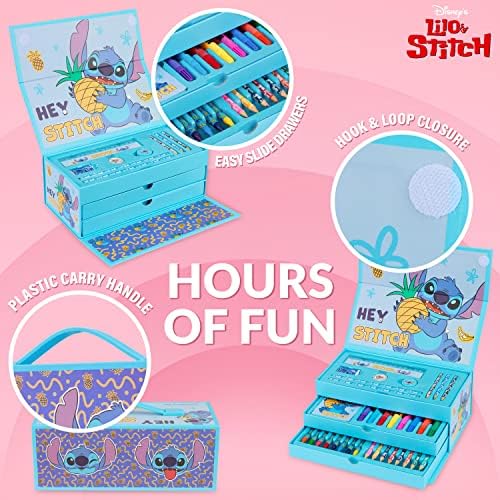 Disney Stitch Colored Pencils Art Supplies Kids School Supplies Set Stationery Girls Drawing Pencils Supplies Travel Case with Crayons Arts and Crafts for Kids 4-12 (Blue Stitch)