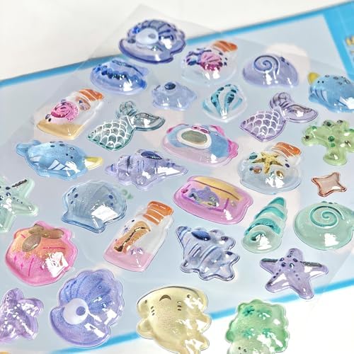 Cute Stickers Blue Ocean Theme Puff Stickers with Glitter Kawaii, Jellyfish, Conch, Shell, Small Fish 3D Puffy for Scrapbooks Planner Journals Laptops Phone Case Decoration Laptops Phone Case DIY