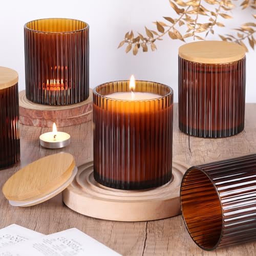 Amber Candle Jars with Lids, 8-Pack 12oz Ribbed Glass Candle Containers