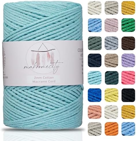 Makromecity, Cotton Macrame Cord 2mm x 195 Yards (590 feet) 2mm Recycled Cotton Crochet Yarn for Macrame Art & Crafts for Wall Hangings, Bags, Underplate, Rug (25 Colors Available) (Mint)