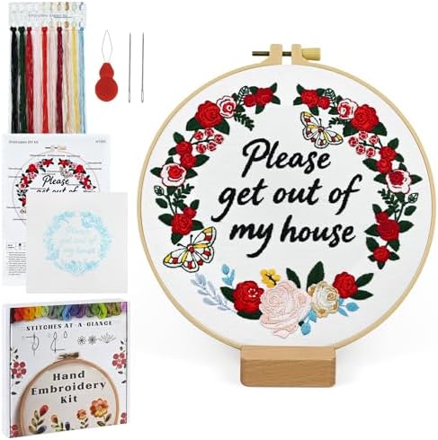 ElasignShopo Embroidery Kit for Beginners Adults – Funny Please Get Out of My House Cross Stitch Kit, Floral Butterfly Pattern Embroidery Starter Set with Hoop, Needles, Threads & Instructions