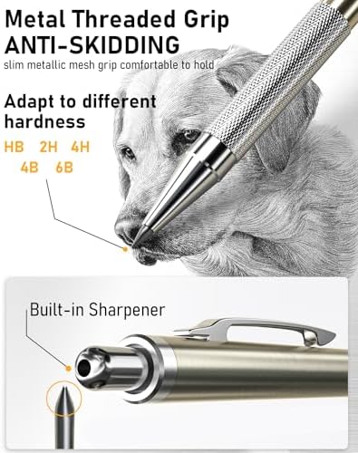 Nicpro 34PCS Art Mechanical Pencil Set, Metal Drafting Pencil 0.3 mm & 0.5 mm & 0.7 mm & 0.9 mm & 2PCS 2mm Lead Holder (6B 4B 2B HB 2H 4H Colors) For Sketching Drawing With 19 Tube Lead Refills Case
