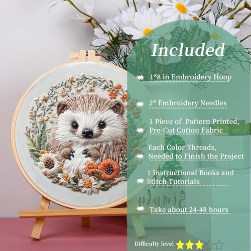 FONNUY Embroidery Kit for Beginners, Cute Hedgehog Stamped Embroidery Patterns Kits for Adults with Hoop, Easy to Follow Sewing Thread Needlework, 8'' Hoop (Tiny Ball)